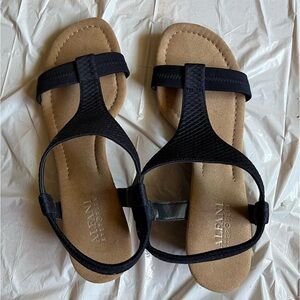 Alfani sandals size 7 1/2 with heel 1 1/2 and navy with tan suede like sole.